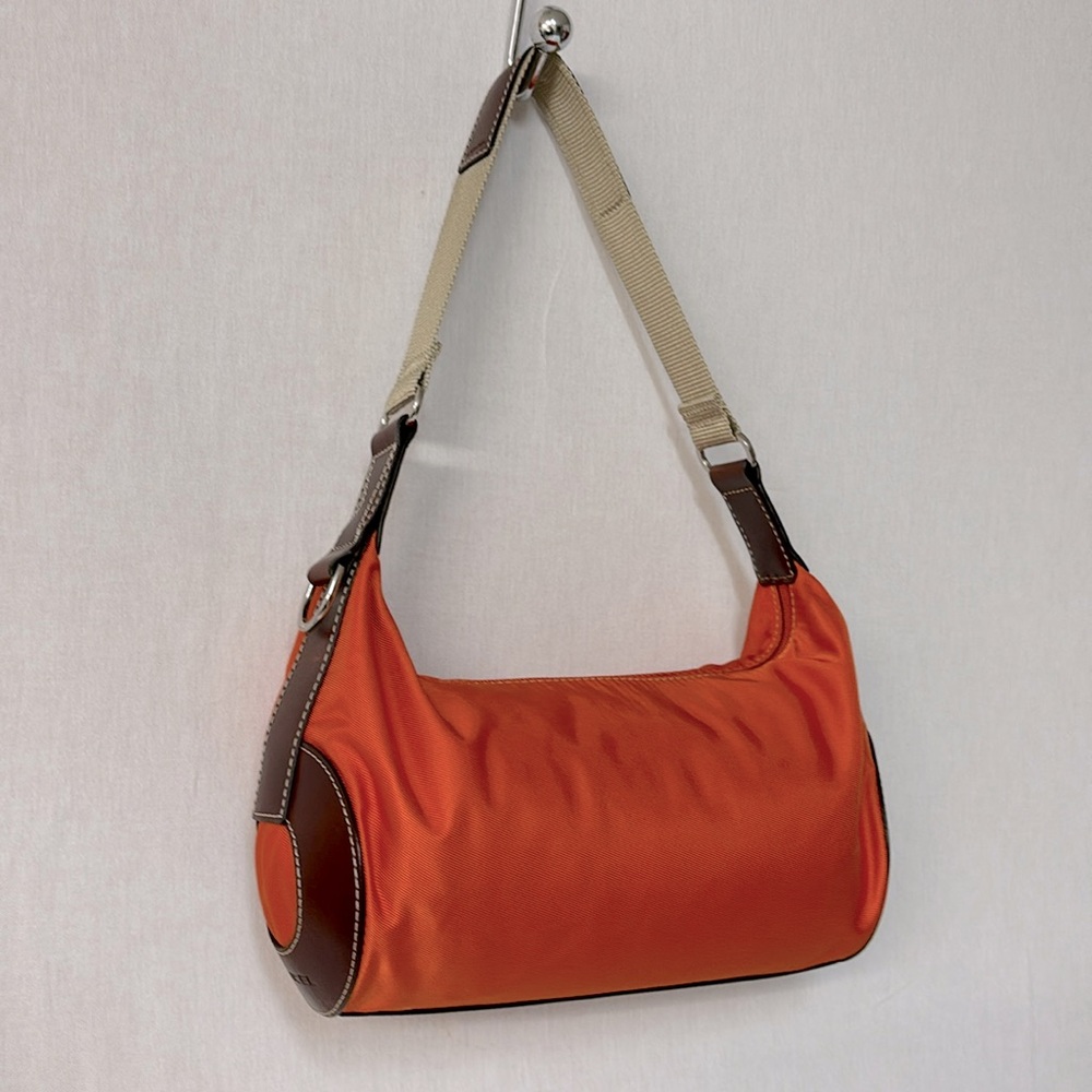 Lancel Paris (MCJE) Nylon Orange shoulder bag with Brown Leather Accents